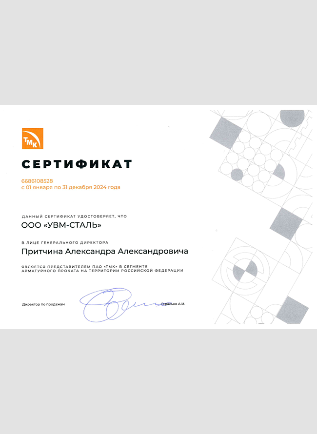Сертификат представителя ПАО ТМК 2024